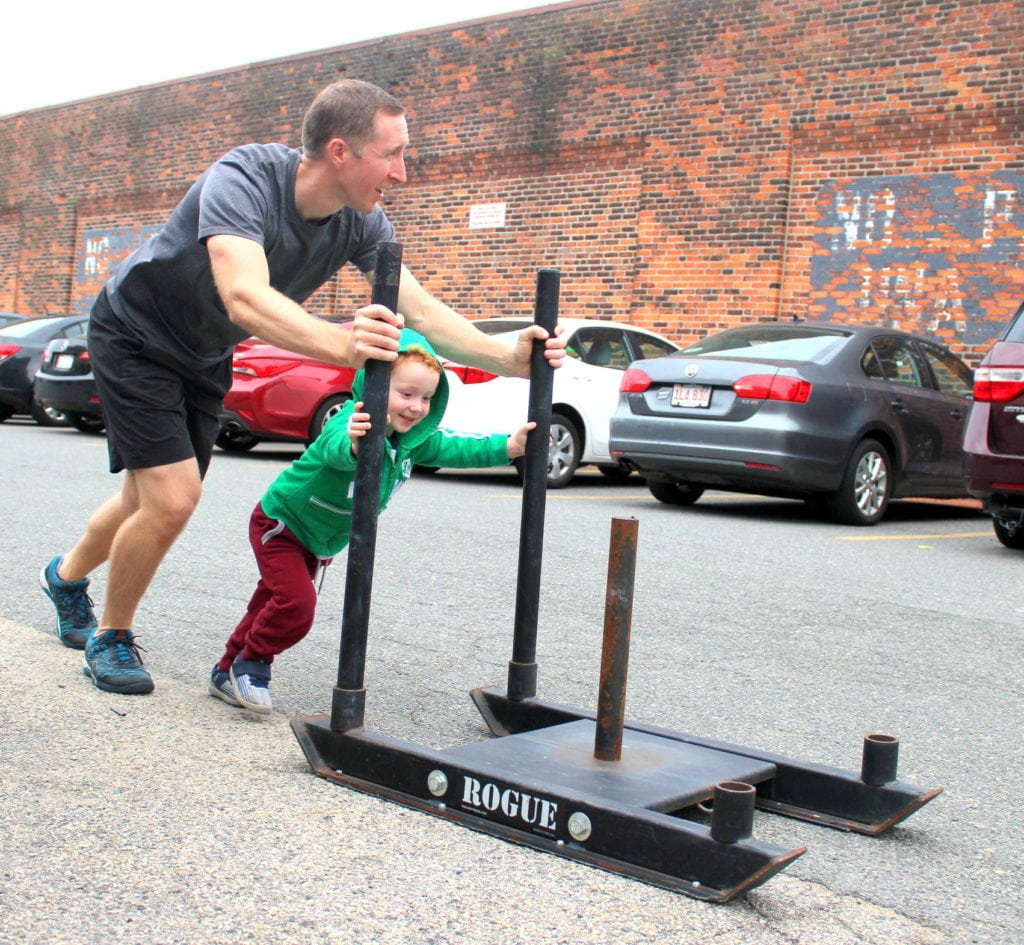 john D and Jack sled push, bring a friend, partner wod